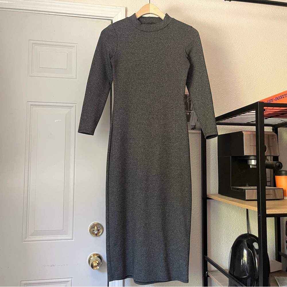 REFORMATION grey knit marled mock neck long 3/4 sleeve midi‎ dress